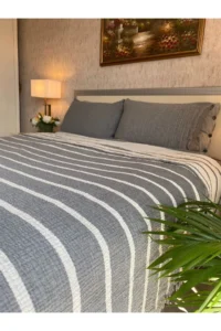 Müslin Çizgili Örtü Gri Antrasit