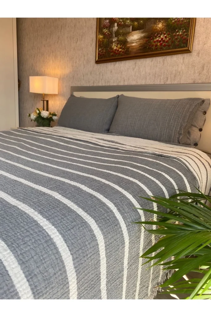 Müslin Çizgili Örtü Gri Antrasit