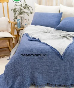 müslin yatak örtüsü indigo mavi