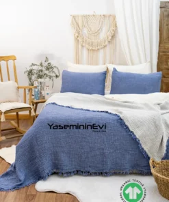 müslin yatak örtüsü indigo mavi