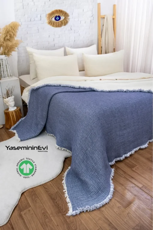 muslin yorgan indigo mavi