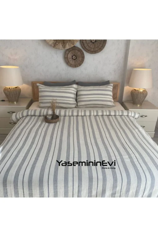 Müslin Nevresim takımı Çizgili Gri