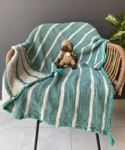 Müslin Çizgili Bebek Örtüsü Turkuaz