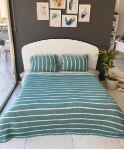 Müslin Çizgili yatak Örtüsü Turkuaz