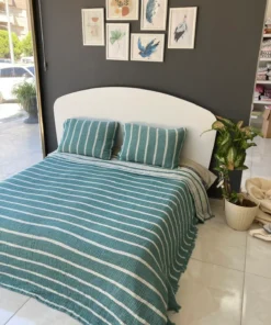 Müslin Çizgili yatak Örtüsü Turkuaz