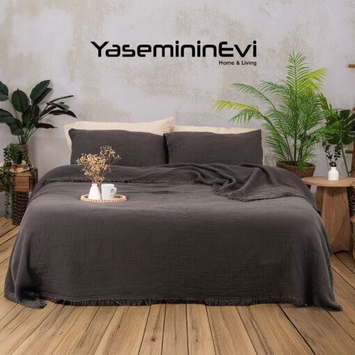 Füme Renk 4 Katlı Multi Müslin Yatak Örtüsü Pike