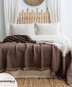 4 Katlı Müslin Koyu Kahve Renk Yatak Örtüsü / Pike