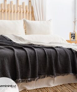 Alternative view of 4 Katlı Müslin Siyah Renk Yatak Örtüsü / Pike